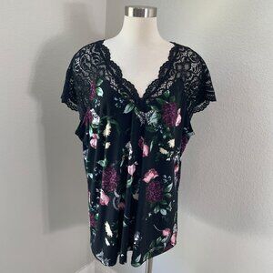 Torrid Womens Plus 2X Floral Skull Lace Top Black Short Sleeve V Neck Shirt